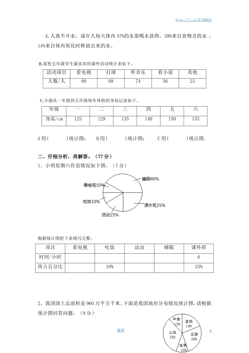 苏教版小学六年级数学下册第1单元《扇形统计图》综合练习题（1）附答案.doc_第2页