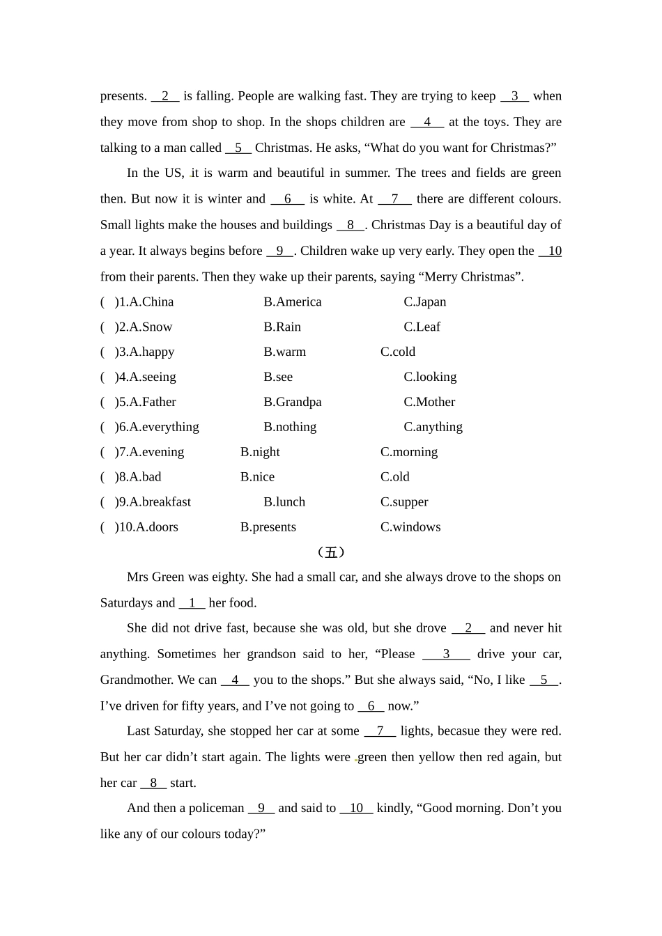 六年级上册英语期末专项训练（四）完形填空 译林版（word版，含答案）.docx_第3页