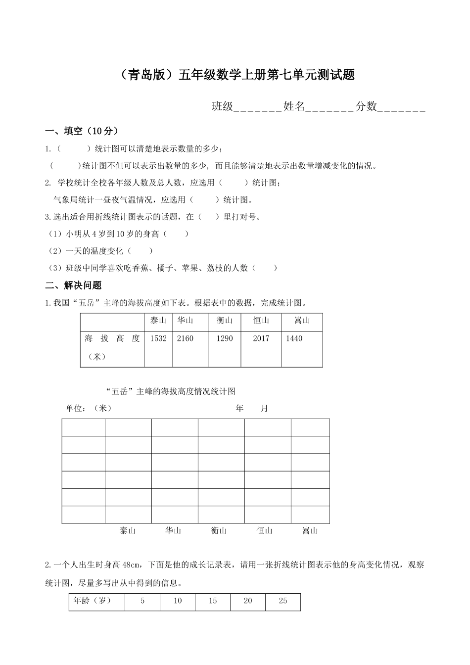 青岛版五年级数学上册第七单元测试题.docx_第1页