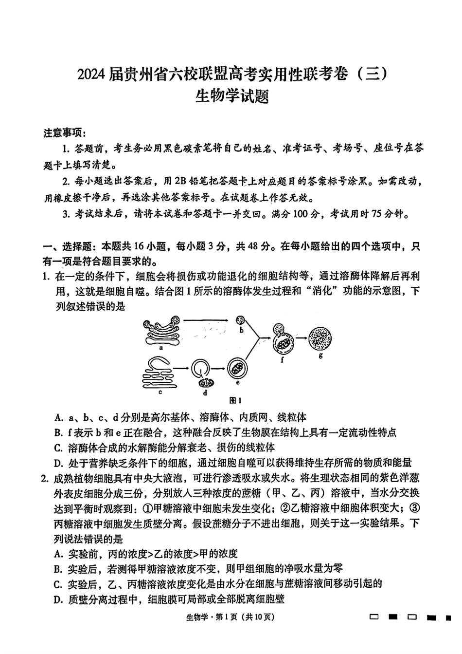 2024届贵州六校联盟高三下学期高考实用性联考（三）生物含答案.pdf_第1页