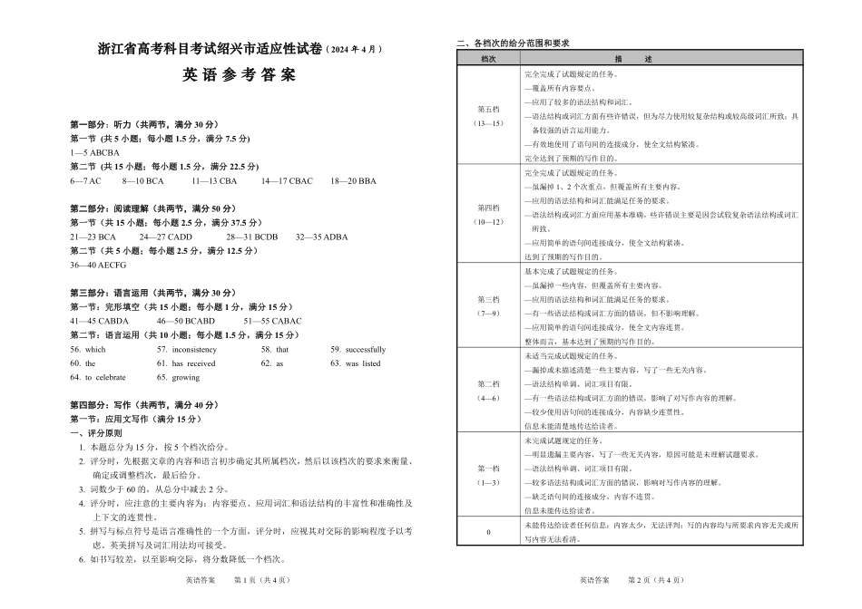 2024届浙江省绍兴市高三高考4月适应性考试（二模）英语参考答案.pdf_第1页
