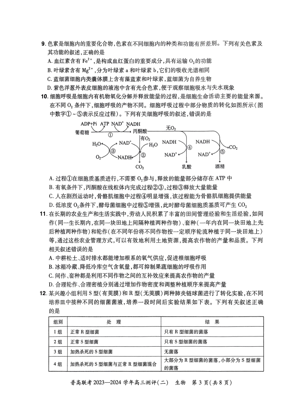 河南省普高联考2023-2024学年高三上学期测评（二）生物.pdf_第3页
