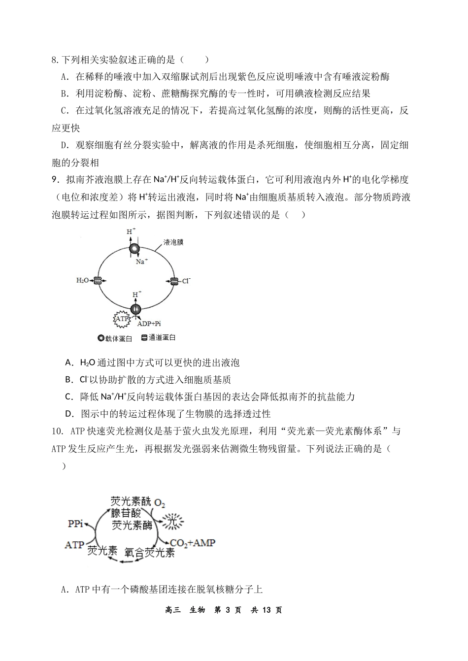 河南省实验中学2023-2024学年高三上学期期中考试  生物.docx_第3页