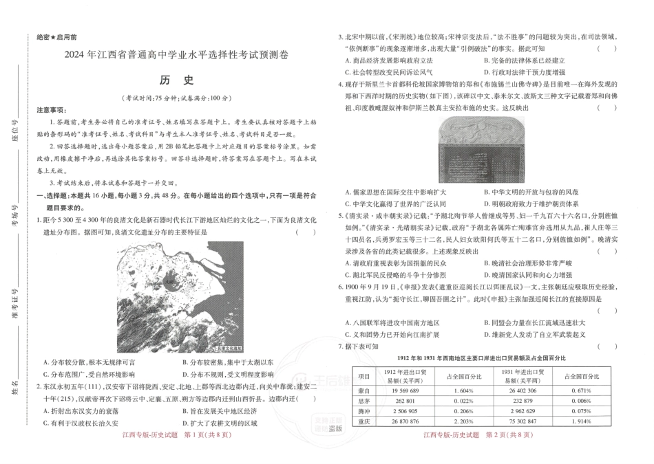 王后雄 高考押题预测卷 2024江西专版-历史.pdf_第1页
