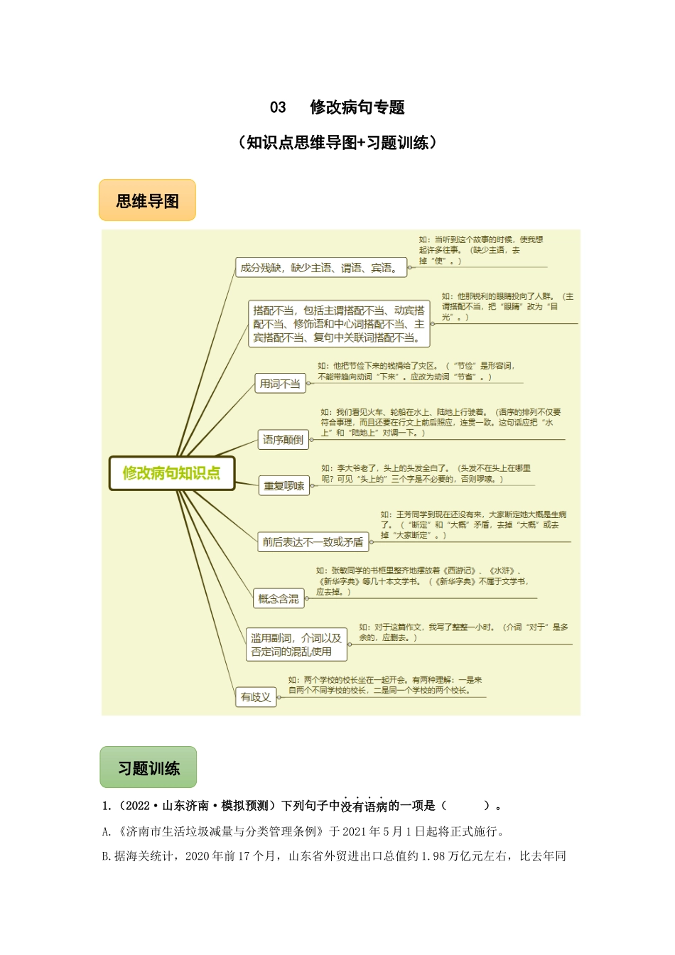 03 修改病句专题（知识点思维导图+习题训练）-备战2023年中考语文冲刺专题系列（原卷版）.docx_第1页