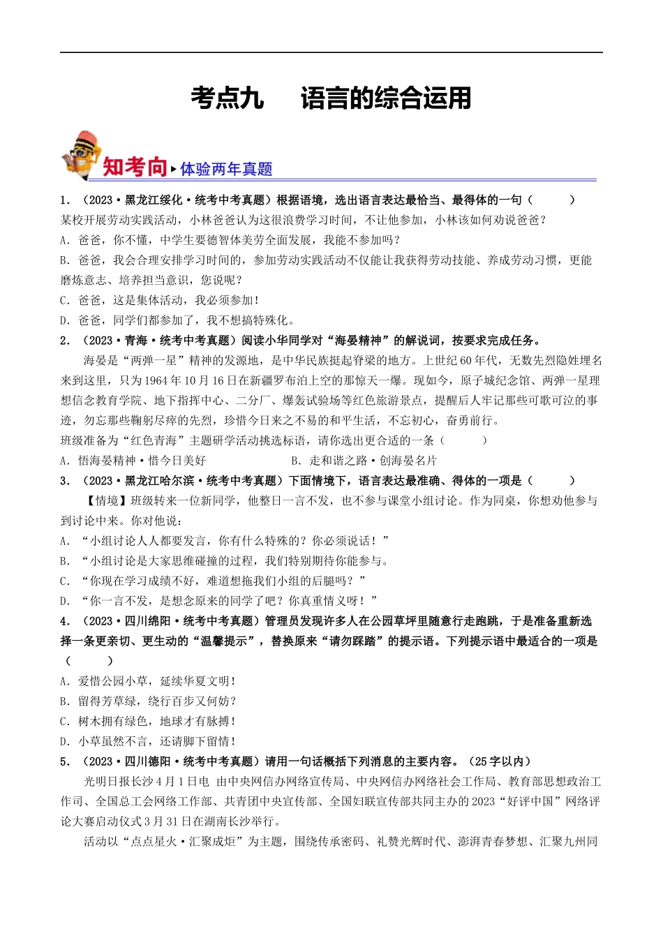 考点9 语言的综合运用（好题冲关）（原卷版）.docx_第1页