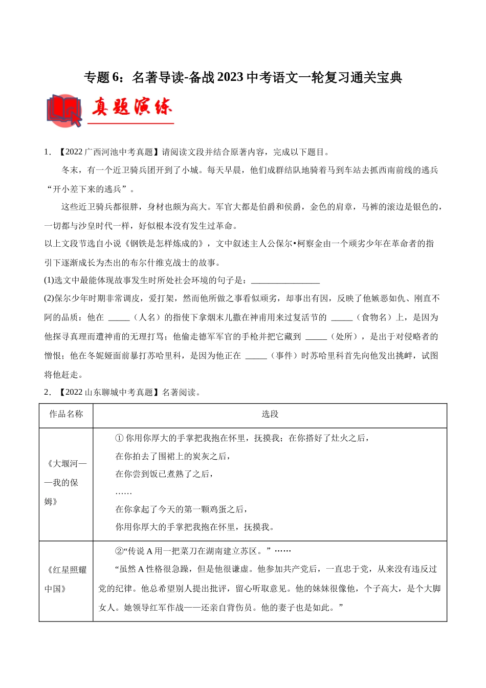 专题06：名著导读【专题检测】-备战2023中考语文一轮复习通关宝典（原卷版）.docx_第1页