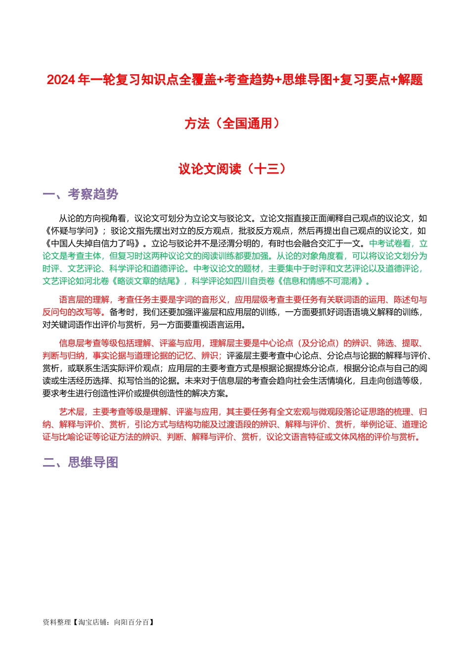 专题13 议论文阅读-2024年中考语文一轮复习知识点全覆盖+考查趋势+思维导图+复习要点+解题方法.docx_第1页