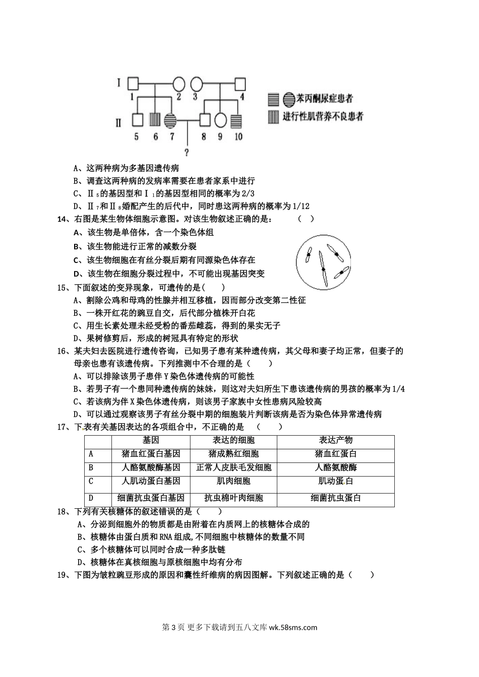 襄阳四校联考高二下学期生物期中试题及答案.doc_第3页