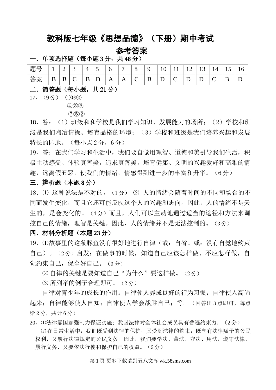 教科版七年级思想品德答案.doc_第1页