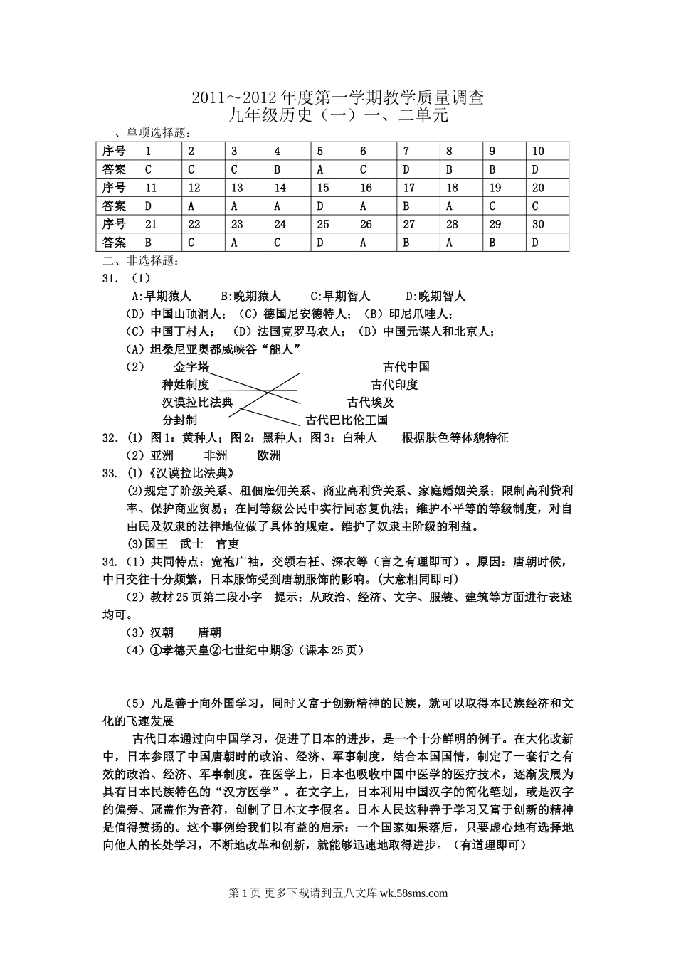 九年级历史参考答案.doc_第1页