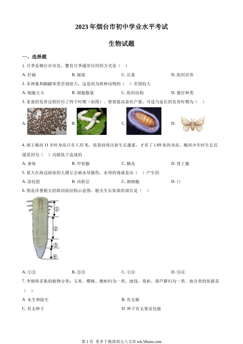 2023年山东省烟台市中考生物真题（原卷版）.docx_第1页