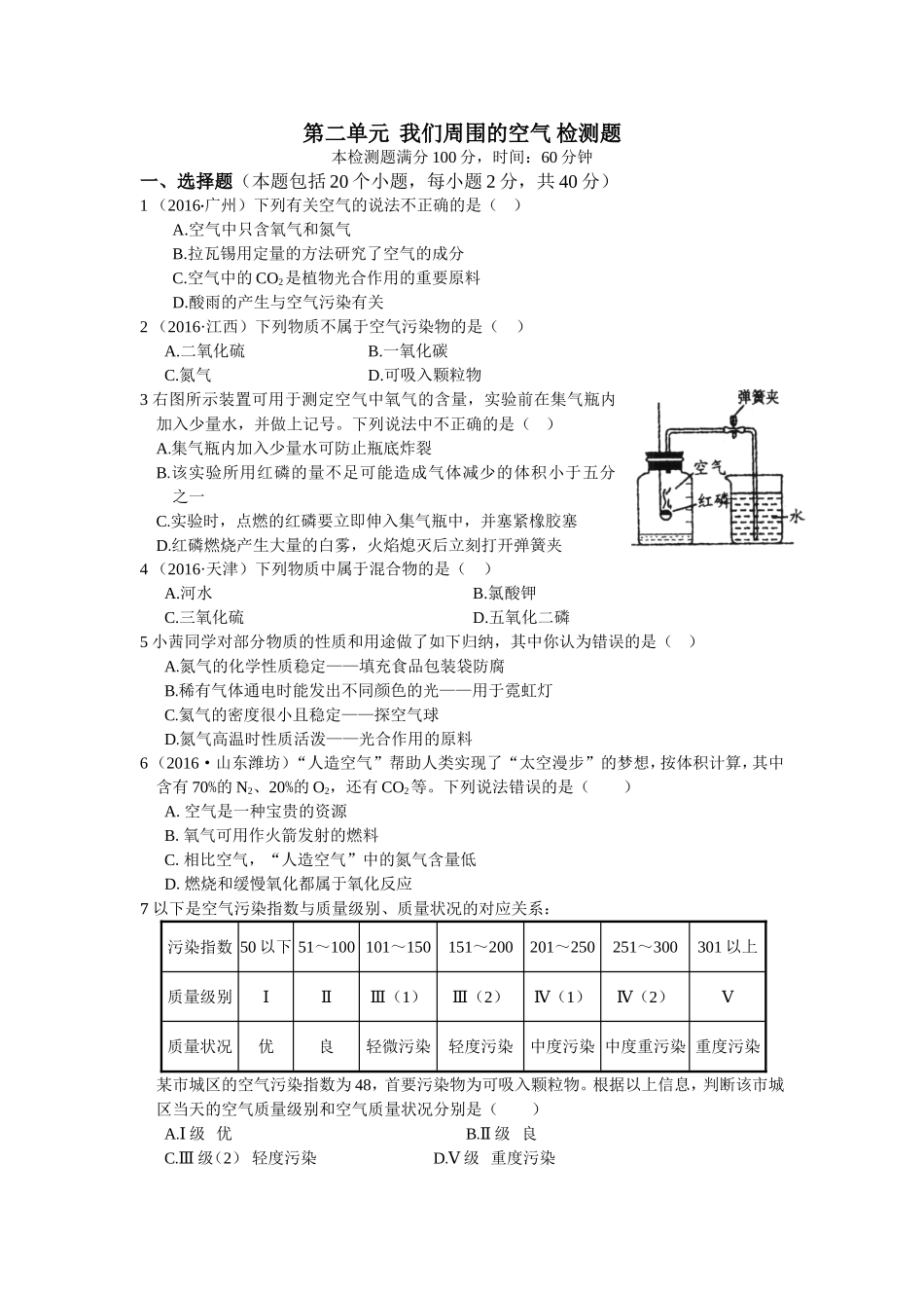 教材全解2016年九年级第二单元我们周围的空气测试卷含答案解析.doc_第1页