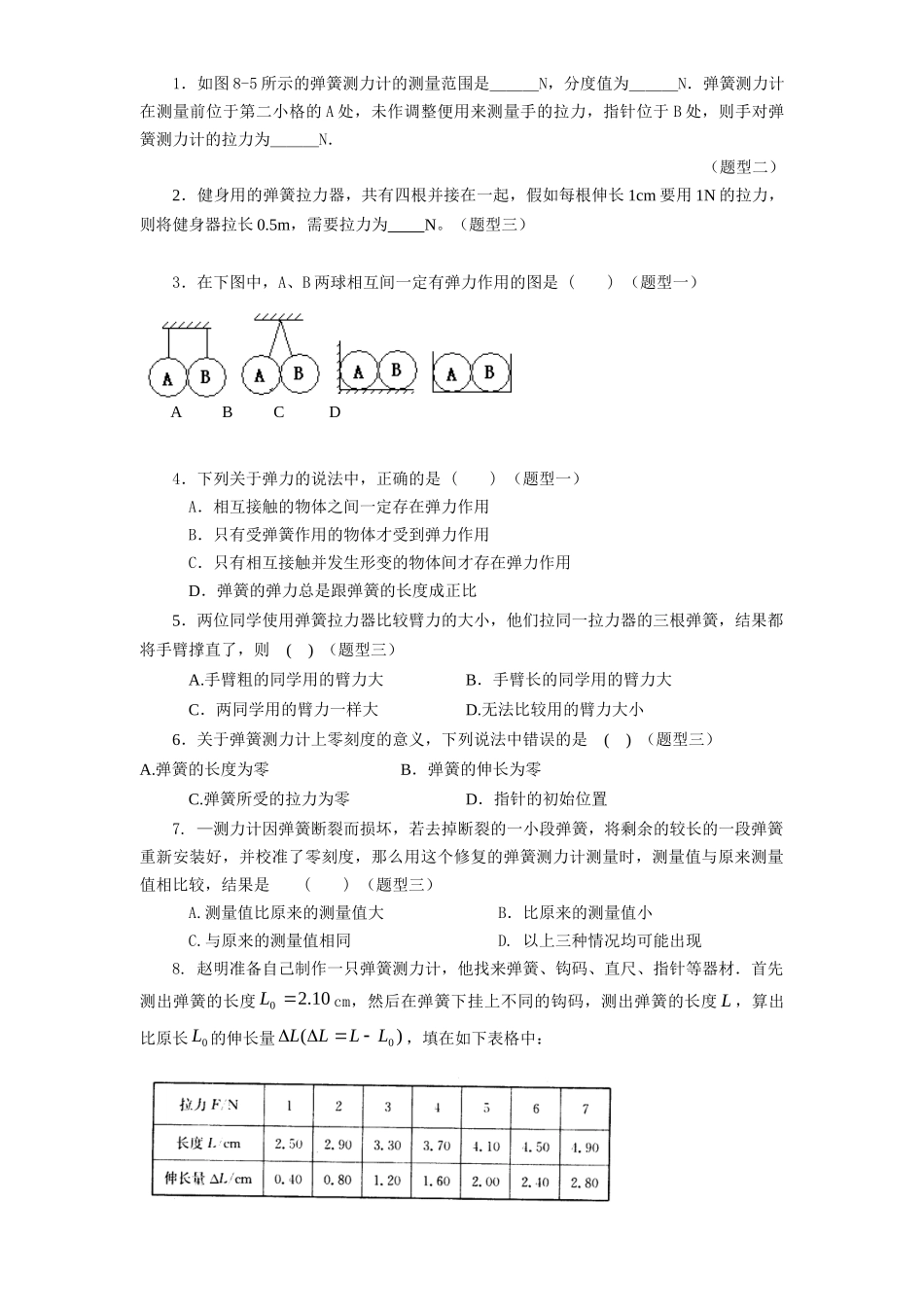 八年级物理初二物理8.1弹力和弹簧测力计练习题及答案.doc_第2页