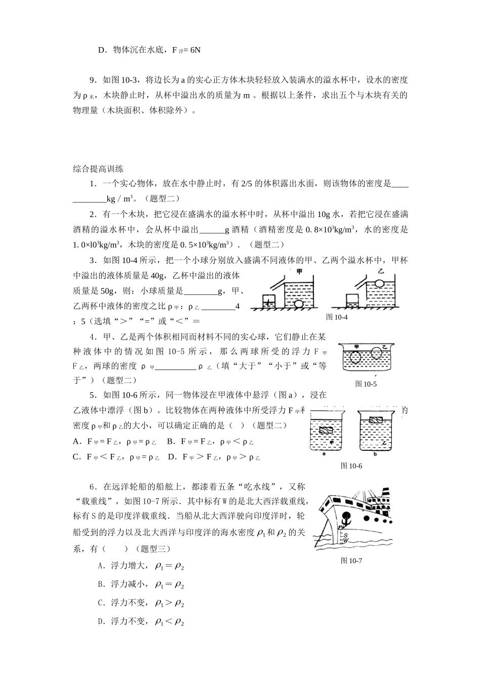 八年级物理初二物理10.1 物体的浮与沉练习题及答案.doc_第2页