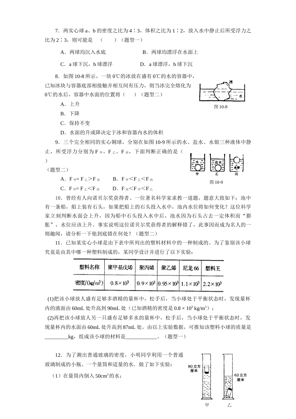 八年级物理初二物理10.1 物体的浮与沉练习题及答案.doc_第3页