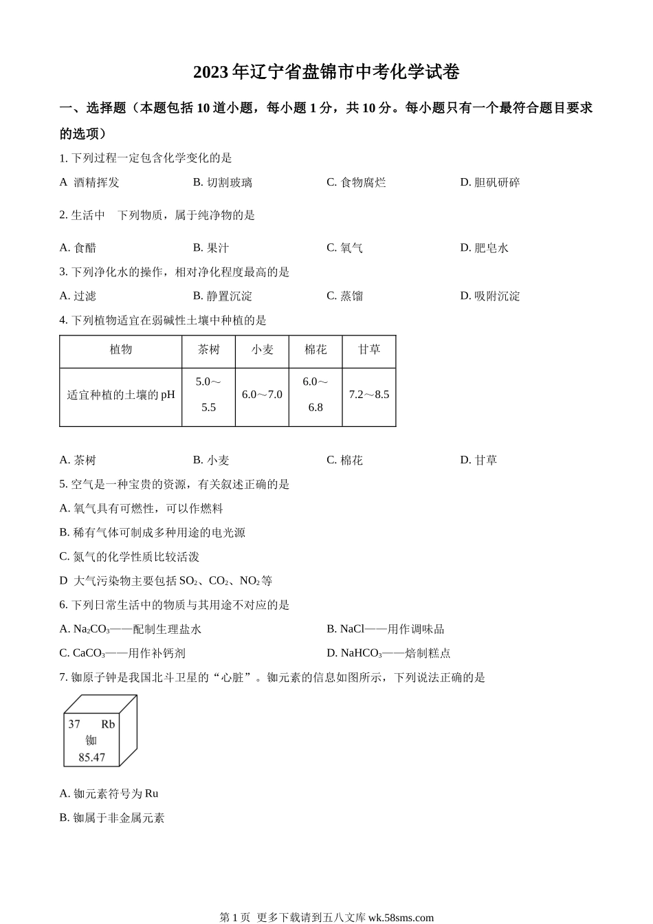 2023年辽宁省盘锦市中考化学真题（原卷版）.docx_第1页