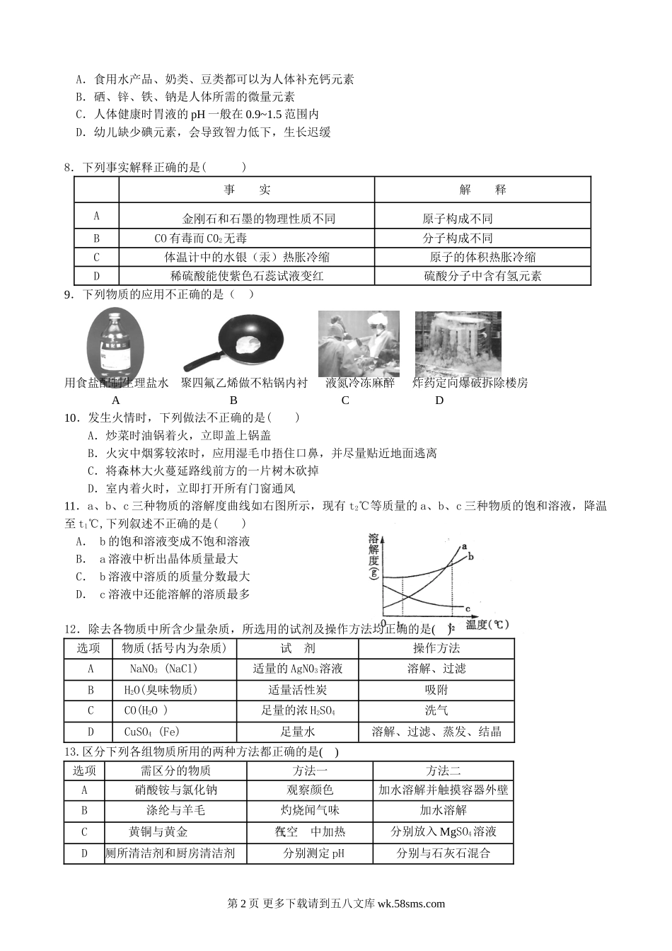 2011中考化学模拟试卷及答案.doc_第2页
