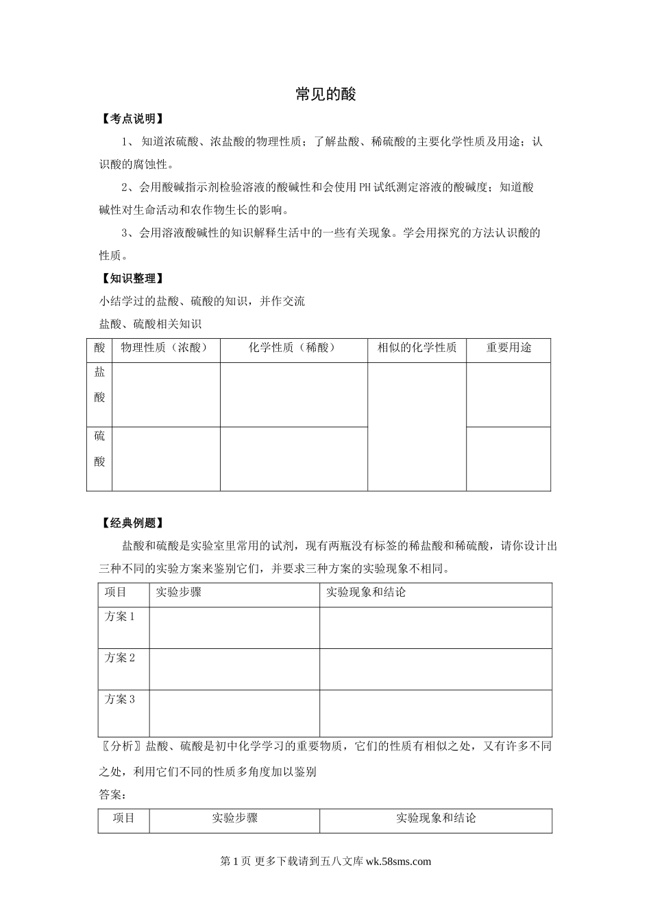 2011中考常见的酸复习题及答案.doc_第1页