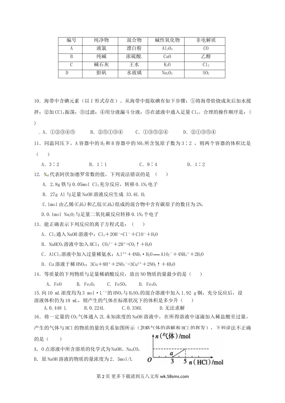 九江一中高一化学上学期期末试卷及答案.doc_第2页