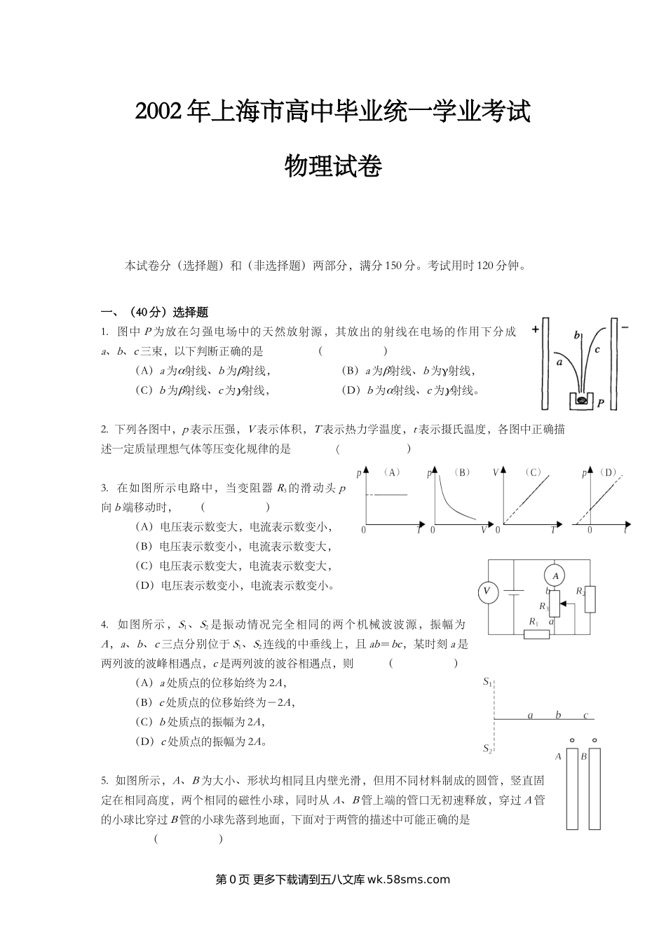 2002年上海市高中毕业统一学业考试物理试卷（word版）.doc_第1页