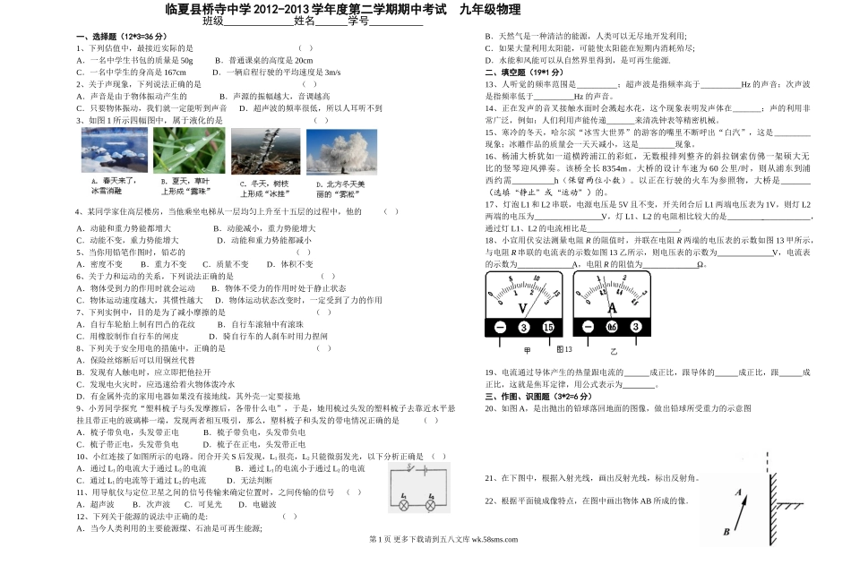 2013年九年级物理第二学期期中考试试卷.doc_第1页