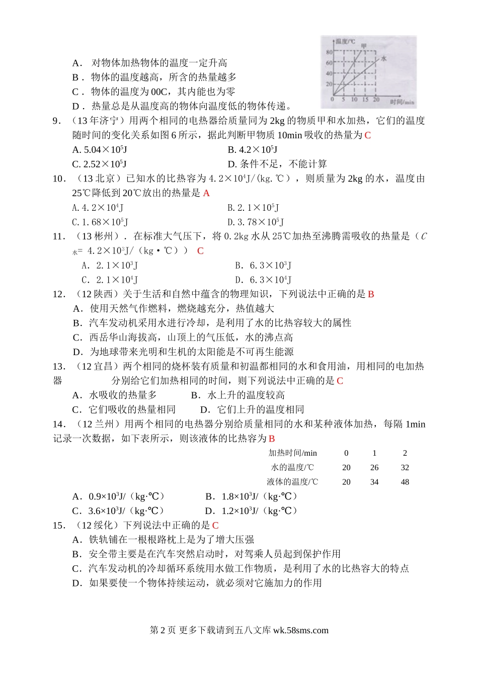 2013年秋第十三章第3节比热容(一)练习题及答案.doc_第2页