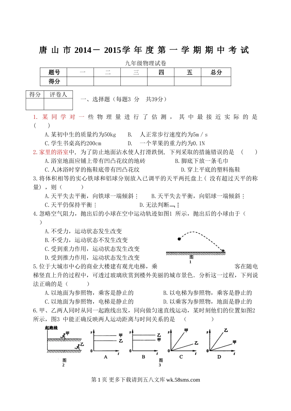 初三物理九年级物理唐山市2014年九年级物理期中考试试卷.doc_第1页