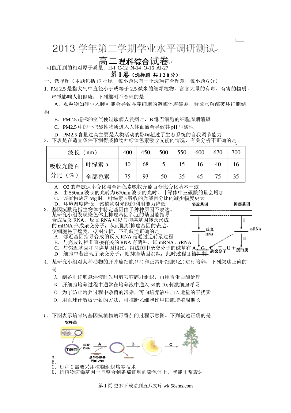 高二物理广州市越秀区第二学期高二理科综合期末试题及答案.doc_第1页