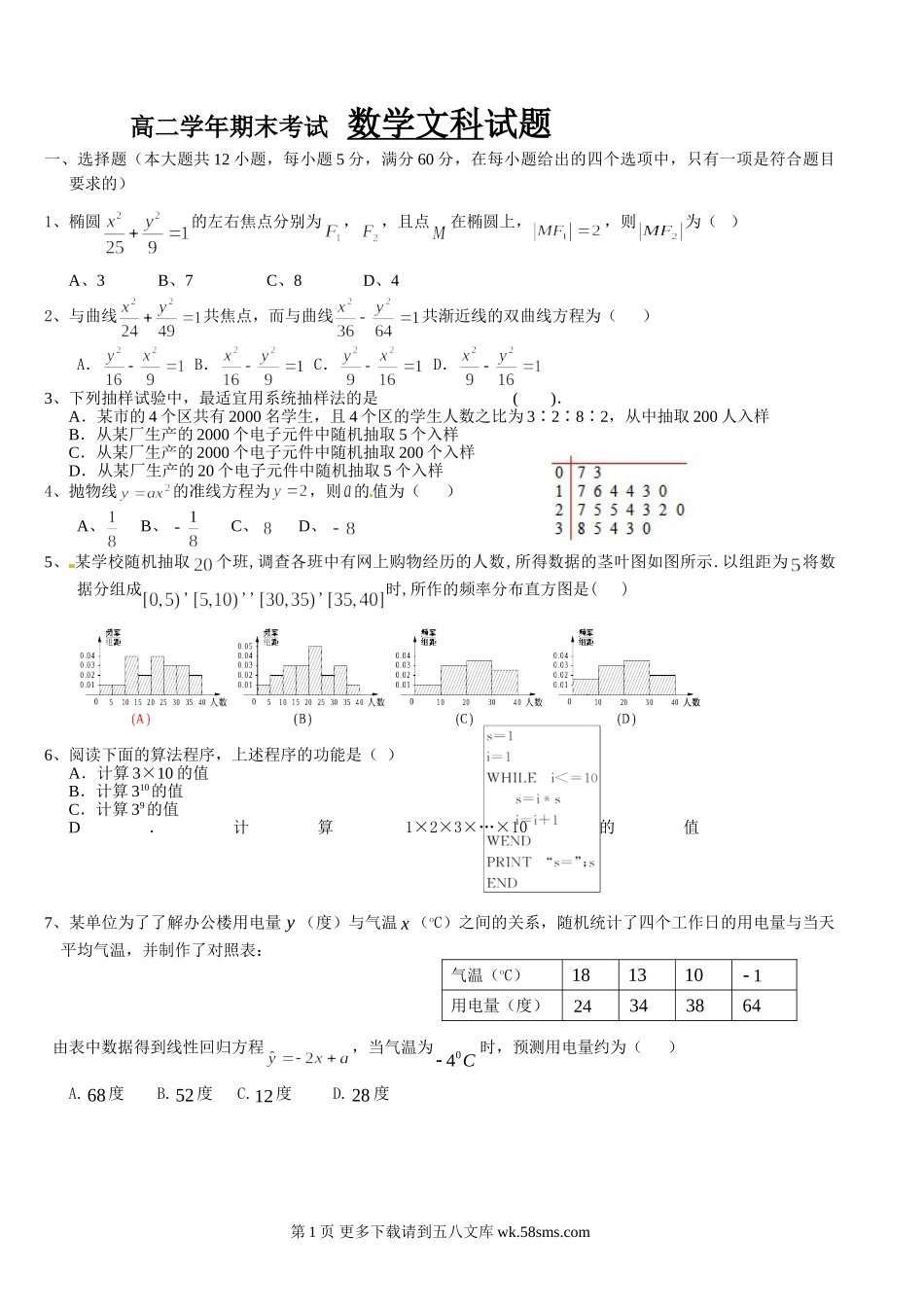 牡丹江一中2015-2016年上学期高二数学（文）期末试卷及答案.doc_第1页