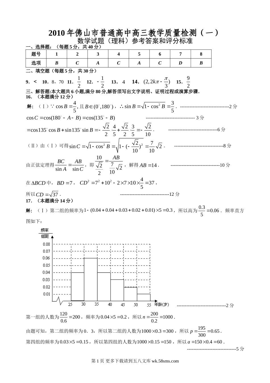 2011佛山市一模理科数学有答案.doc_第1页