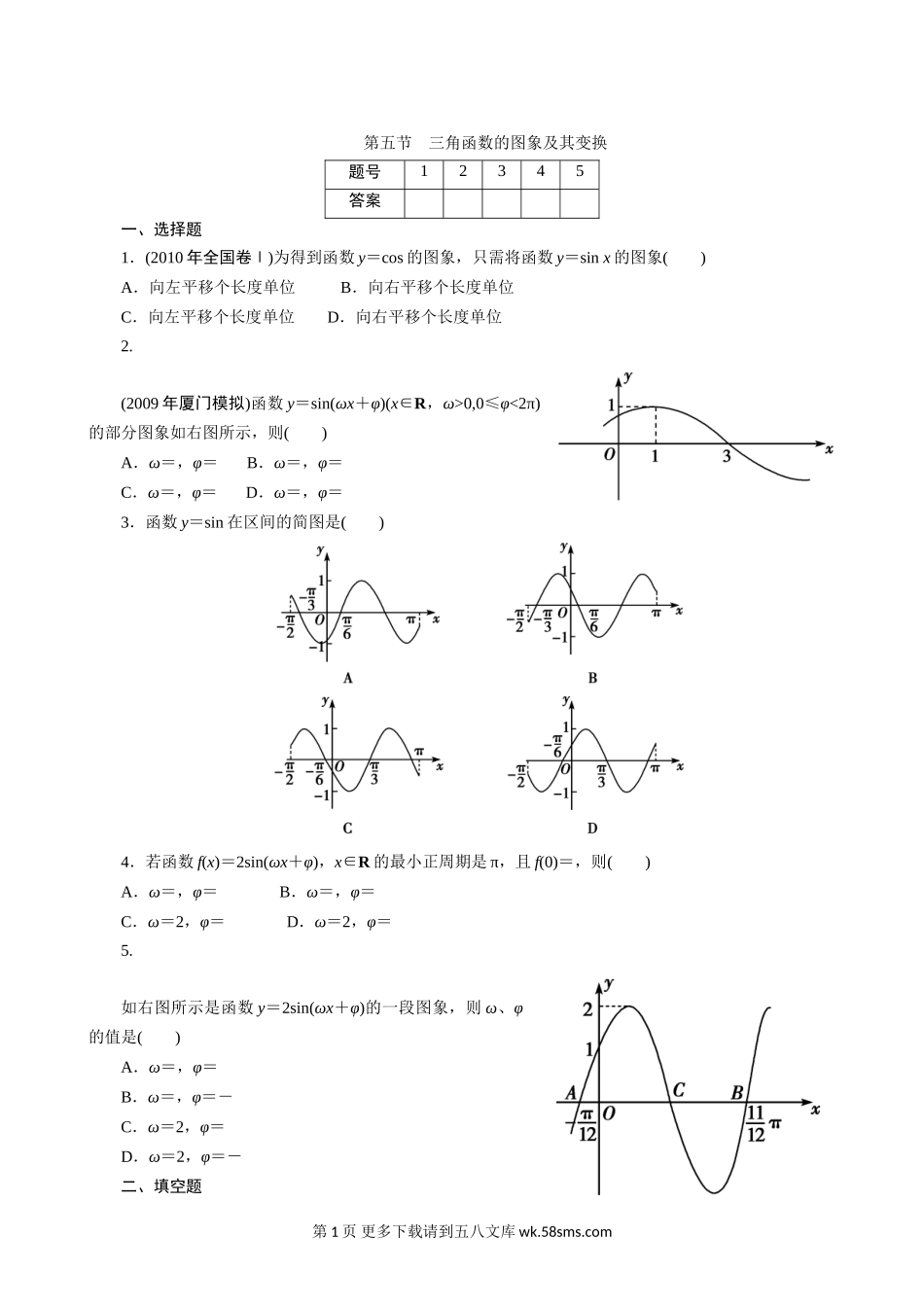 2011年高考一轮课时训练（理）5.5三角函数的图象及其变换 （通用.doc_第1页