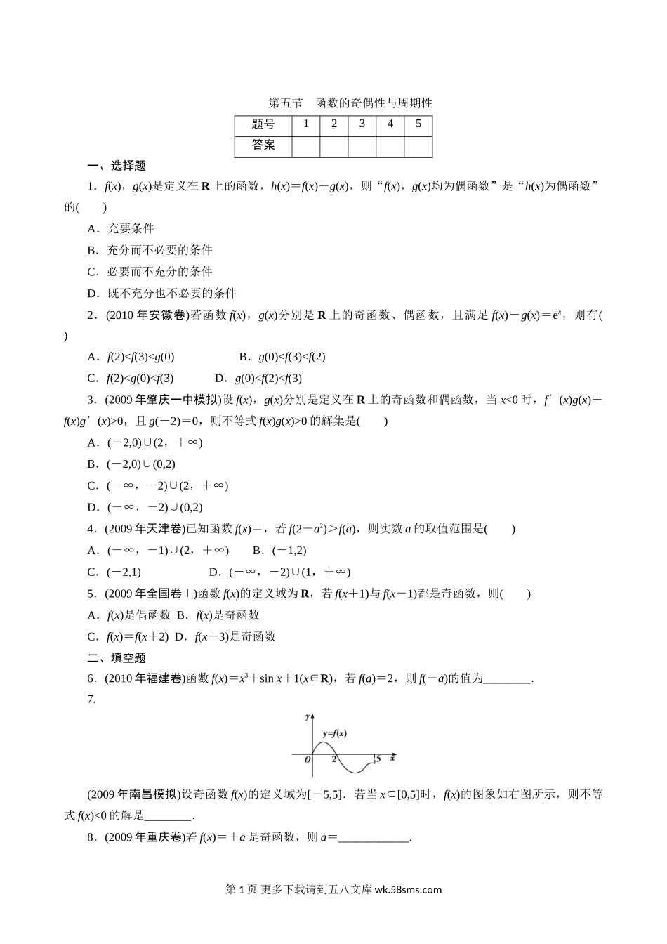 2011年高考一轮课时训练（理）3.1.5函数的奇偶性与周期性 （通用.doc_第1页
