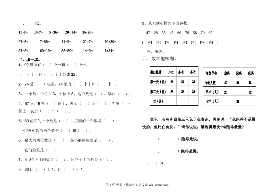 2013苏教版一年级数学下册3、4单元练习题.doc_第1页