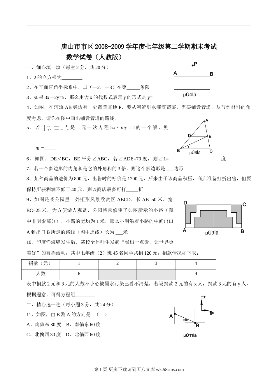 河北唐山市08-09学年七年级下期末试卷--数学.doc_第1页