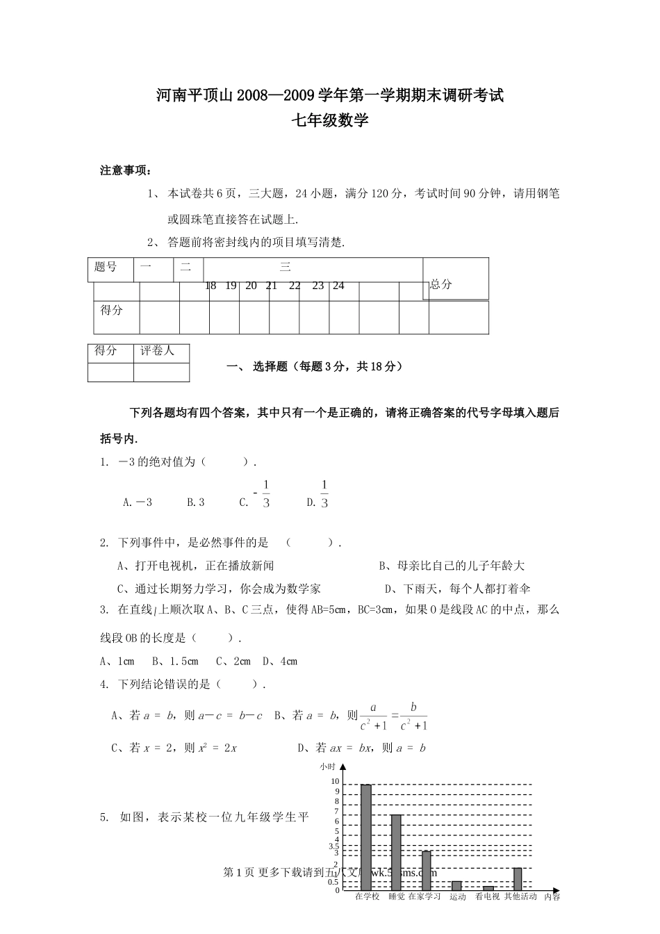 河南平顶山08-09学年七年级上人教新课标期末调研考试试卷.--数学.doc_第1页