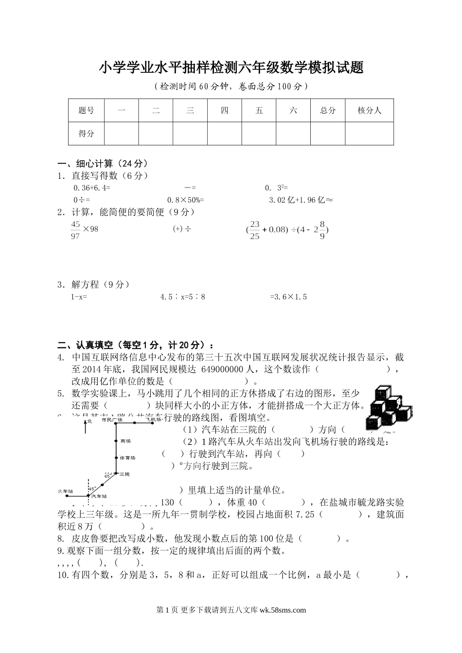 2015年小学六年级数学下册学业水平抽样检测试题及答案.doc_第1页