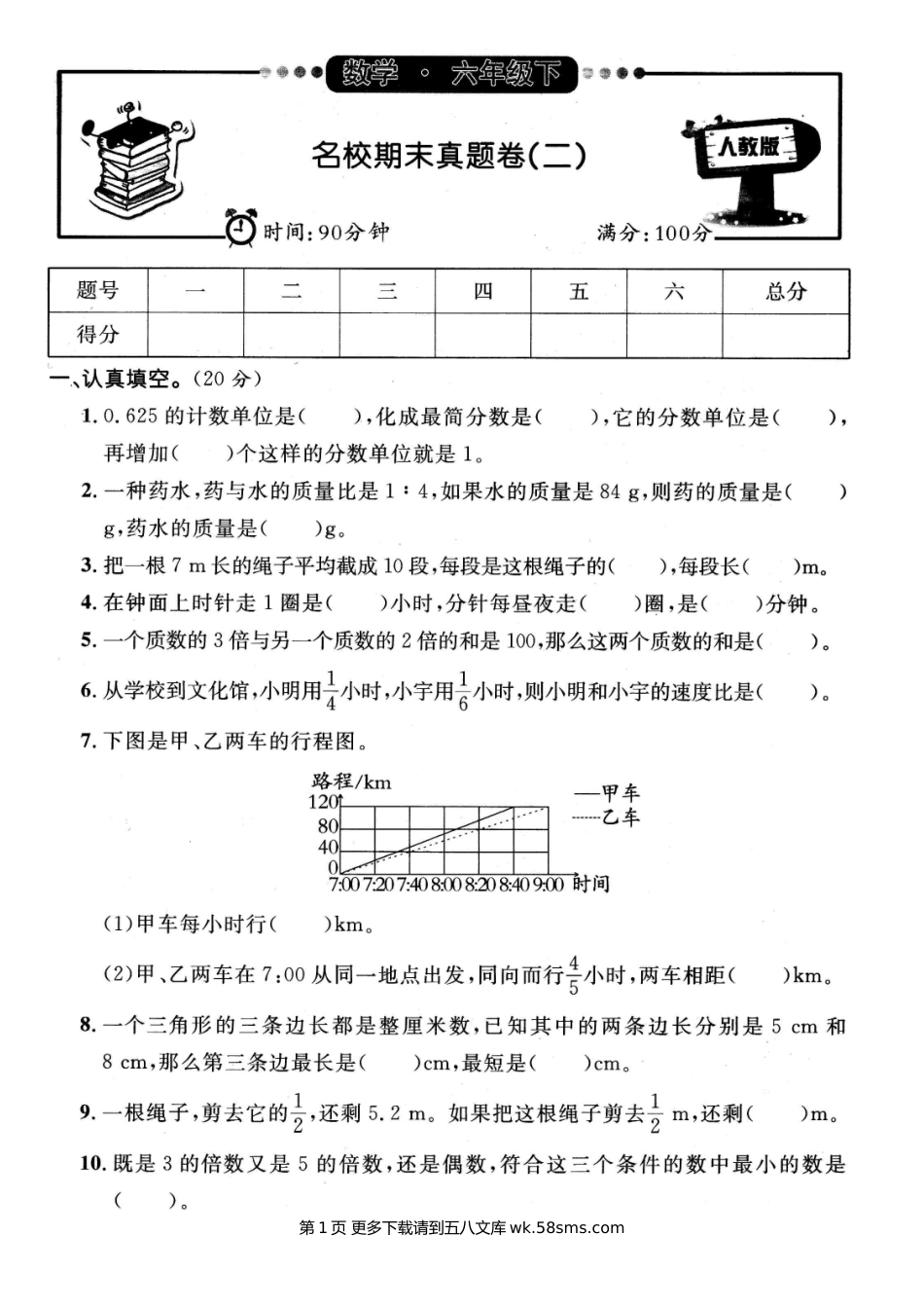 2020-2021学年六年级数学第二学期名校期末真题卷（二）.doc_第1页