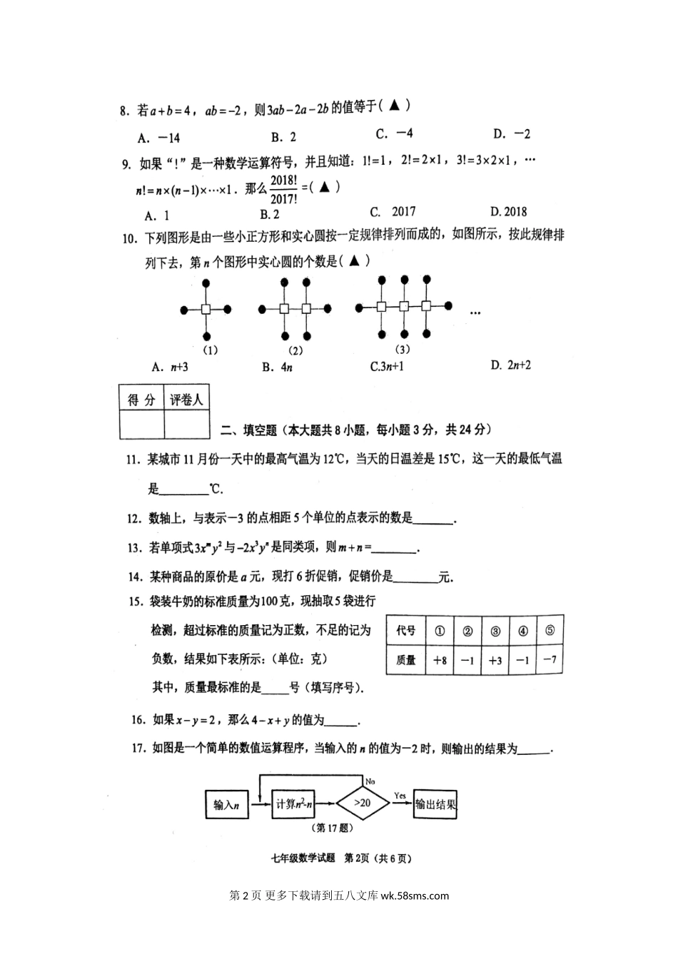 徐州市睢宁县七年级上学期期中调研数学试卷.doc_第2页
