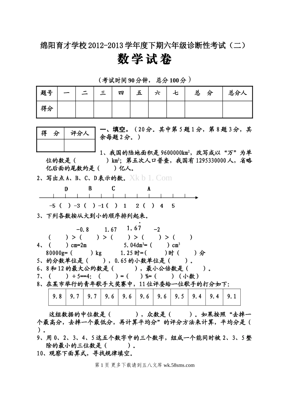 绵阳育才学校2013下期六年级诊断性考试(二)数学试卷.doc_第1页