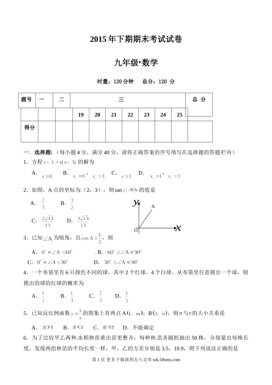 湘潭市九年级数学期末试卷及答案.doc_第1页
