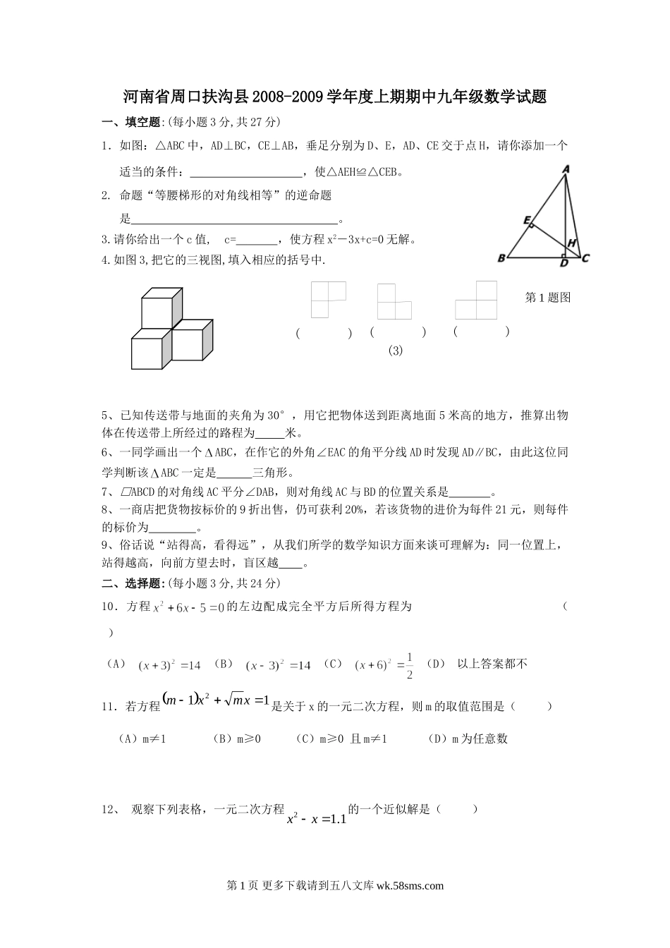 河南周口扶沟08-09学年九年级上期中考试试卷--数学.doc_第1页