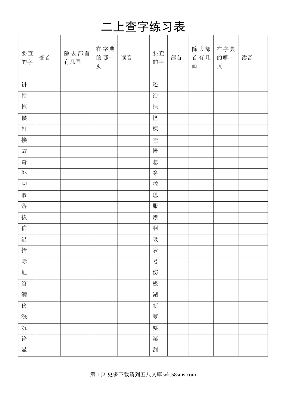 二年级上册部首查字练习表.doc_第1页