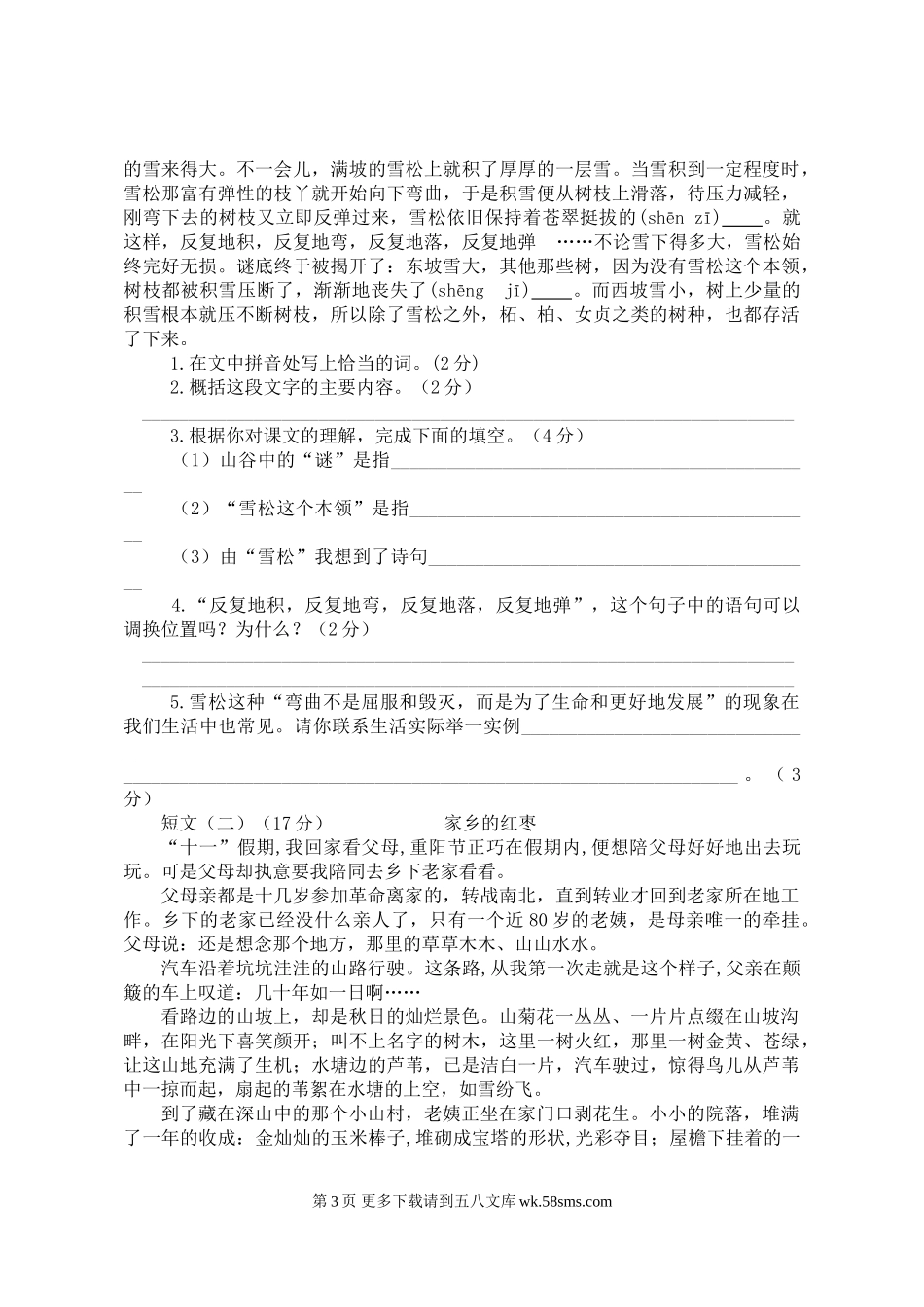 北蒋实验小学六年级语文下册抽测试题及答案.doc_第3页