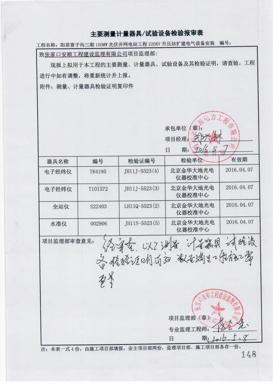 电力工程资料：5. 主要测量计量器具、试验设备检验报审.pdf_第1页
