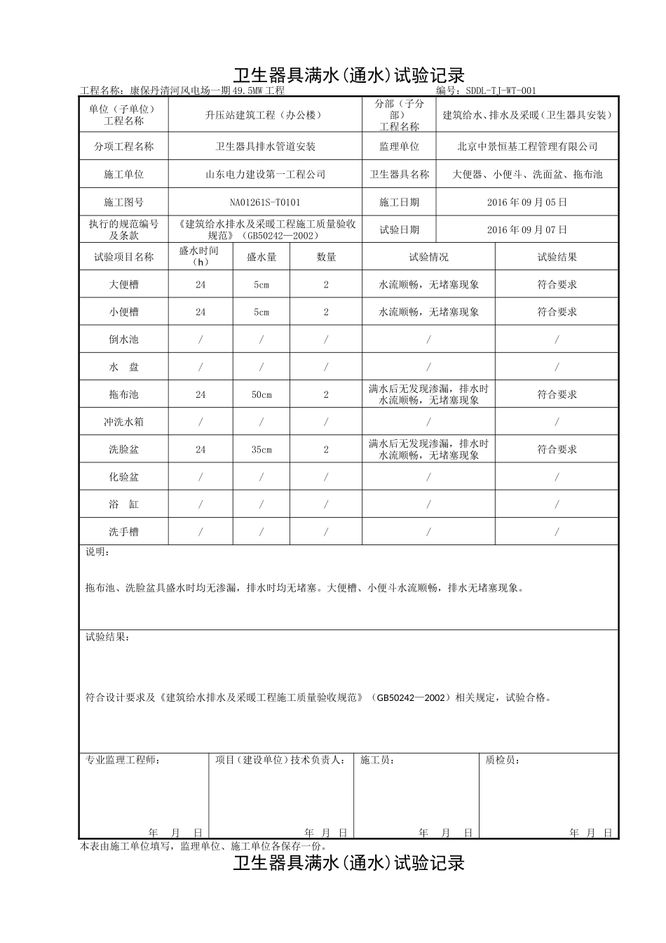 电力工程资料：15 卫生器具满水(通水)试验记录2 - 副本.doc_第1页