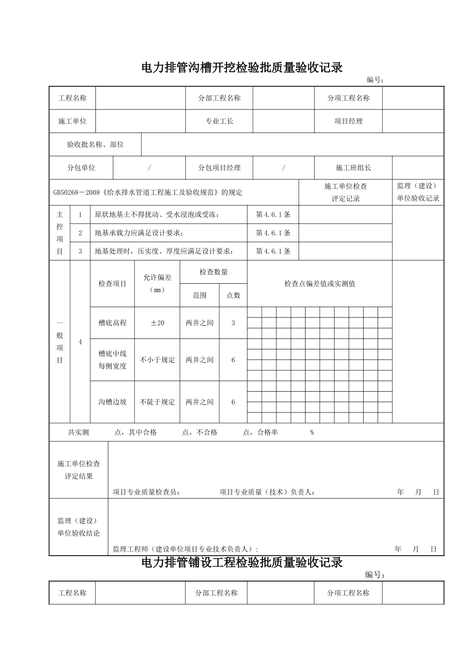 电力工程资料：电力排管检验批 - 副本.doc_第1页