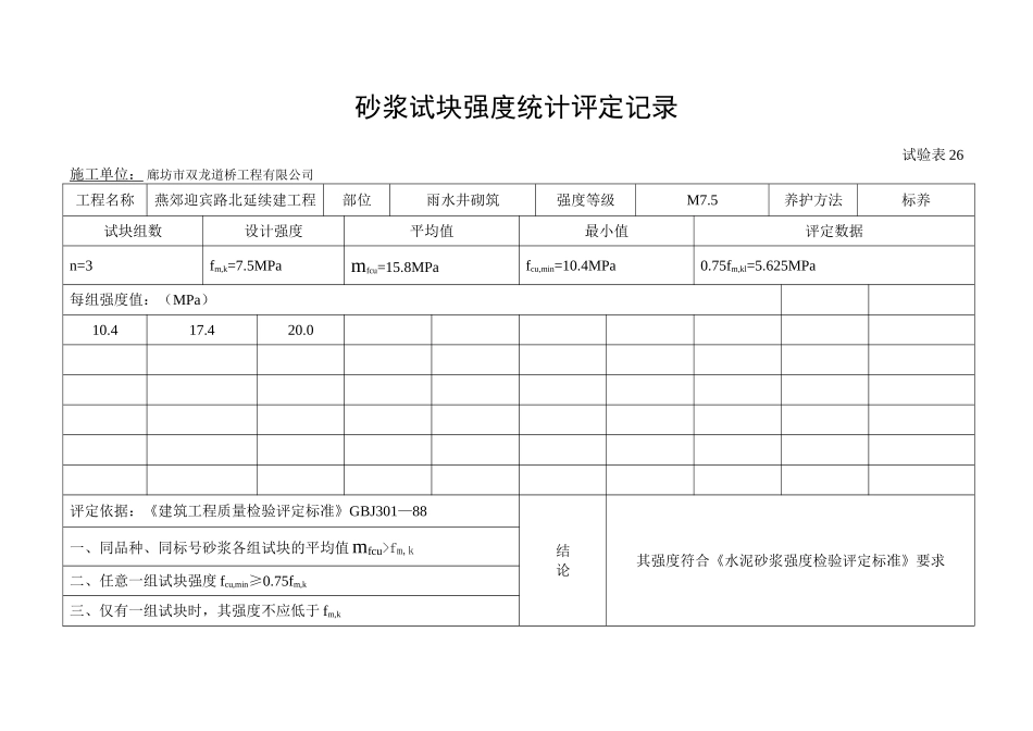 电力工程资料：砂浆试块强度统计评定记录 - 副本.doc_第1页