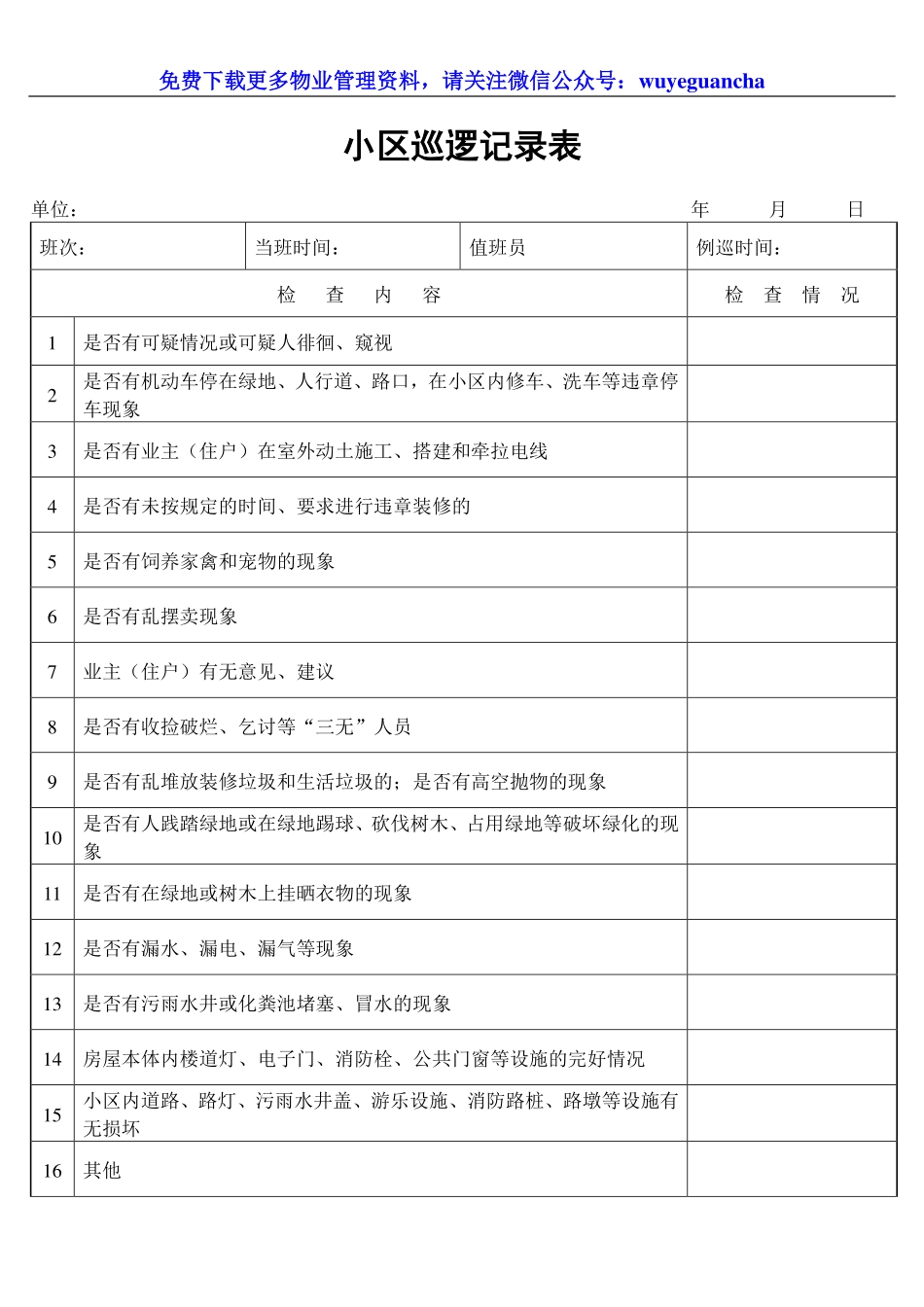 136 小区巡逻记录表.pdf_第1页
