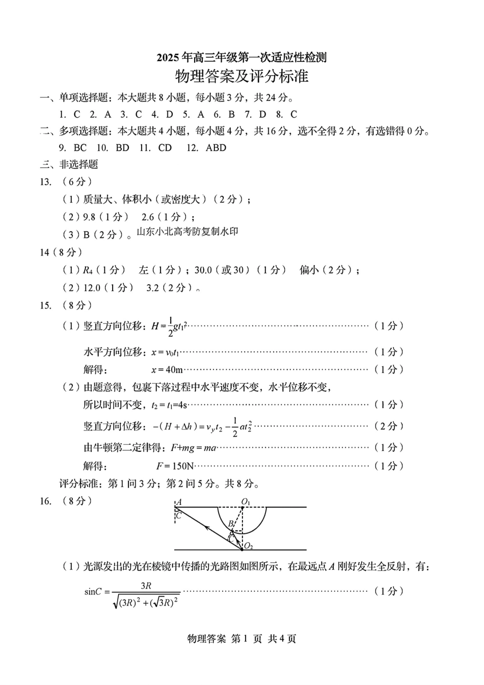 山东省青岛市2025年高三年级第一次适应性检测物理答案.pdf_第1页
